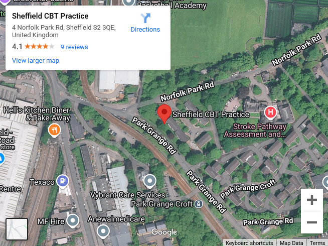 A satellite map view showing the location of Sheffield CBT Practice on Norfolk Park Rd, with nearby roads and other marked places like Texaco and MF Hire.
