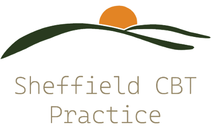 Logo for Sheffield CBT Practice featuring stylized green hills and an orange sun above the text "Sheffield CBT Practice" in a simple font.